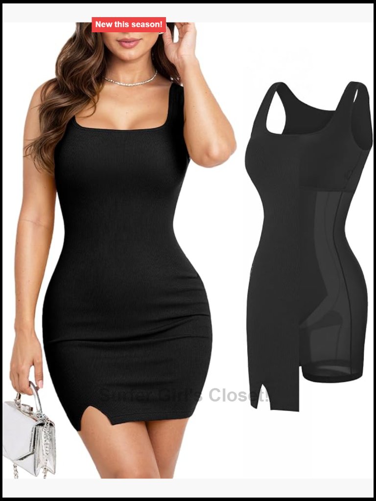 Built In Shapewear Bra 8 In 1 Square Neck Mini Slit Party Dress
